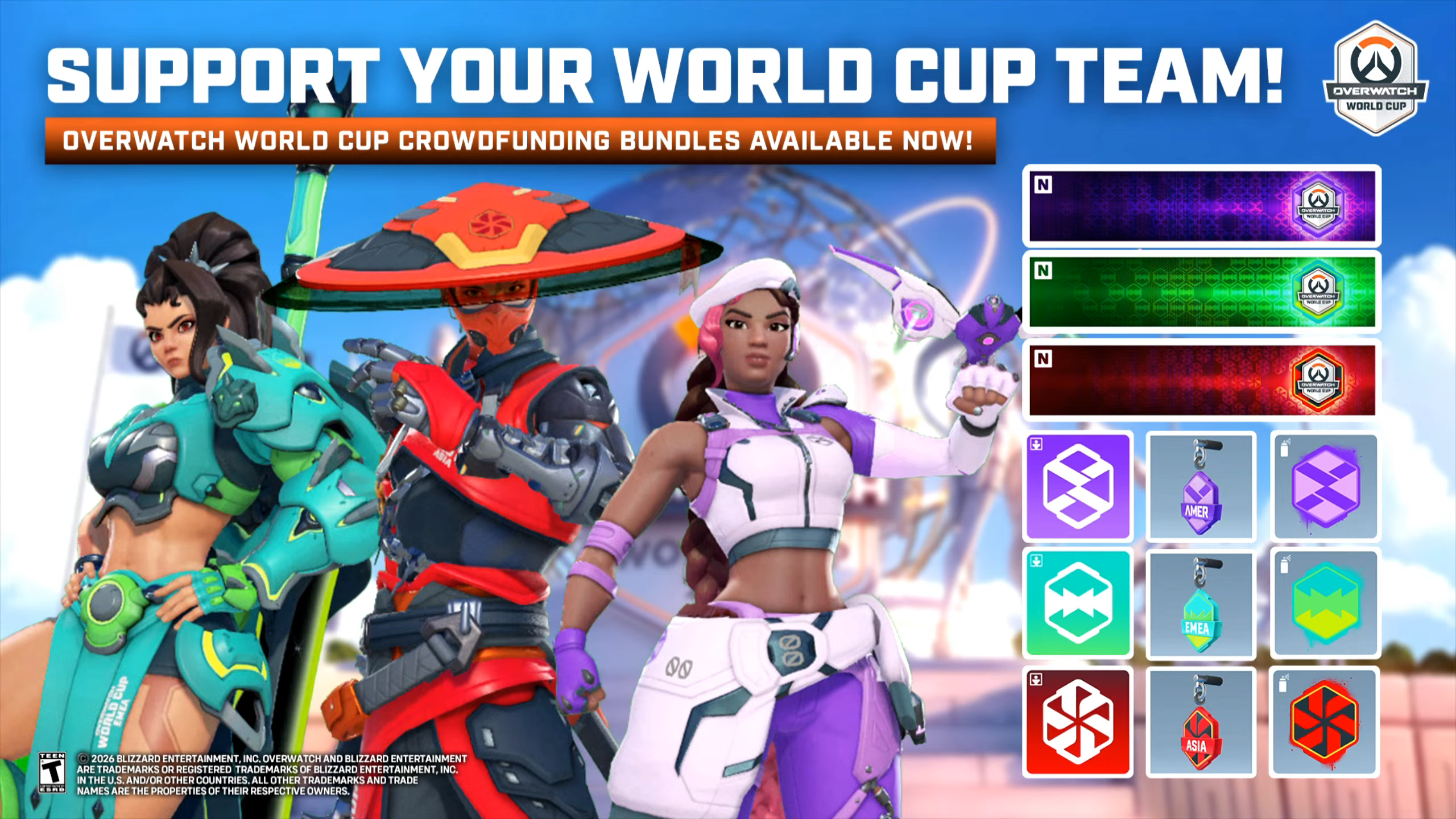 【OW】OWWC2026限定スキンが公開、地域別カラーは紫・緑・赤に