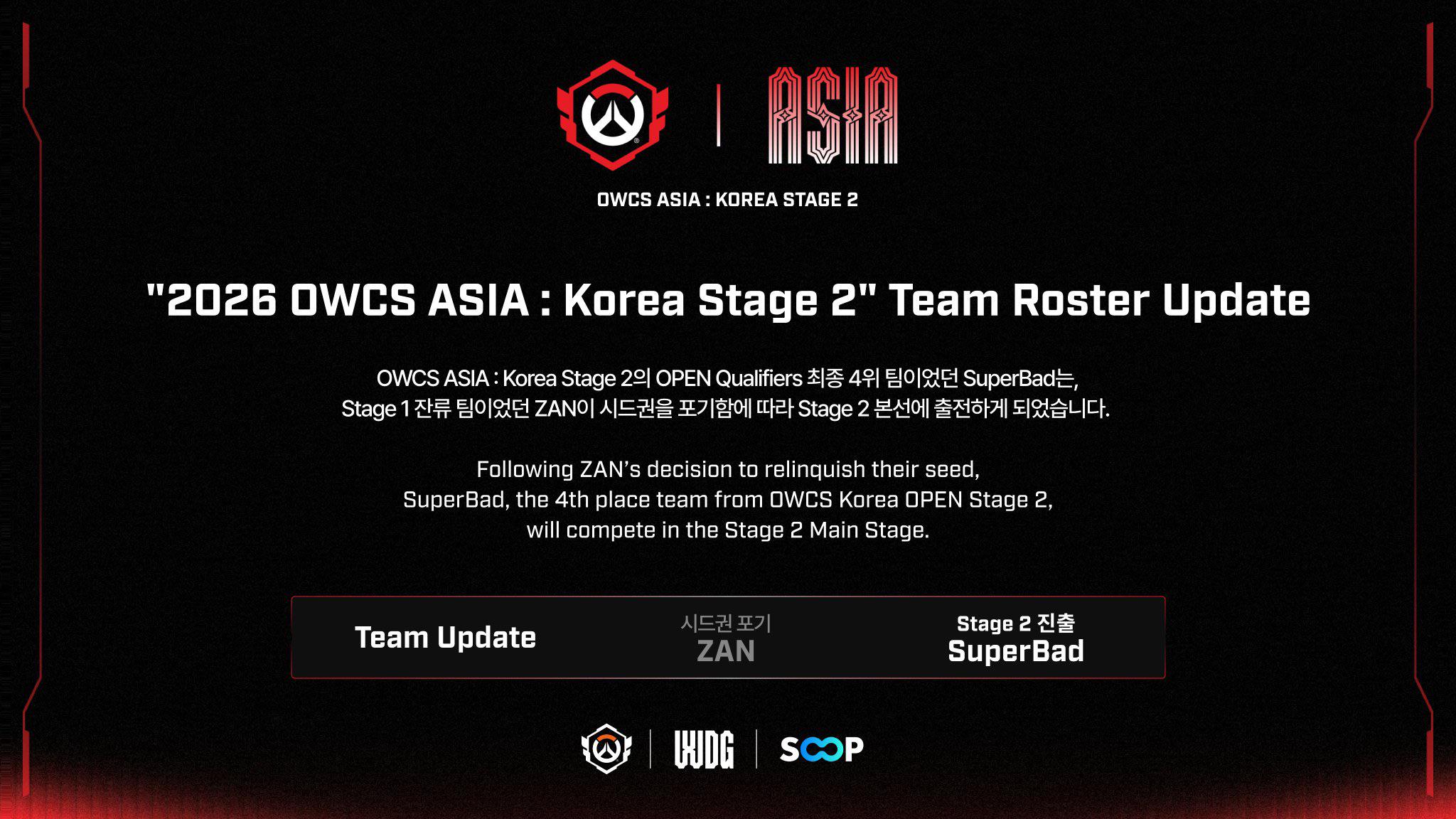 【速報】OWCS KOREA本戦チーム、ステージ2出場を棄権しSuperbadが繰り上げ出場へ